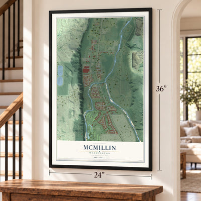 McMillin, Washington map, 24 x 36 inch print in a black frame by a staircase