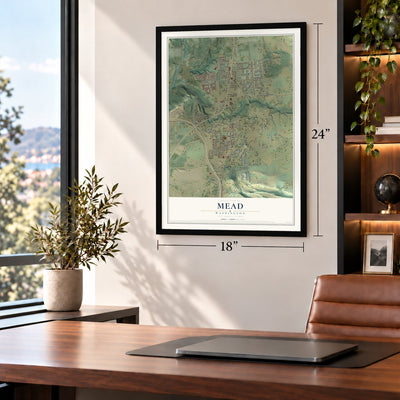 Mead, Washington map, 18 x 24 inch print in a black frame in a home office