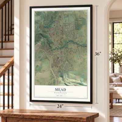 Mead, Washington map, 24 x 36 inch print in a black frame by a staircase