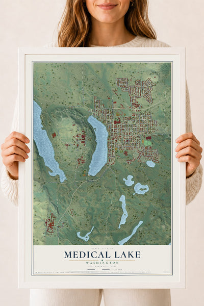 Map of Medical Lake, Washington, 18 x 24 inch print in a white wood frame