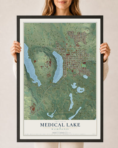 Map of Medical Lake, Washington, 24 x 36 inch print in a black wood frame