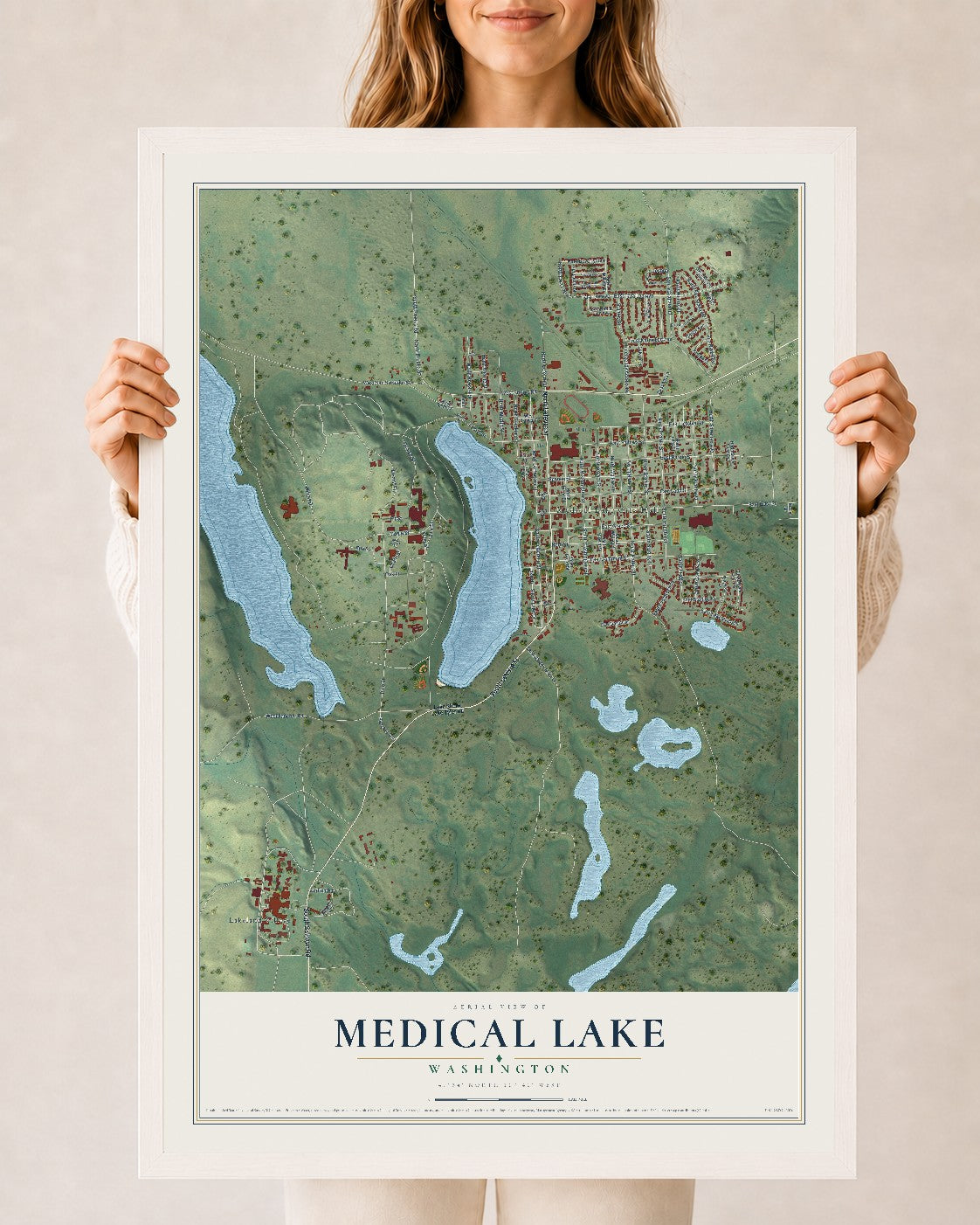 Map of Medical Lake, Washington, 24 x 36 inch print in a white wood frame