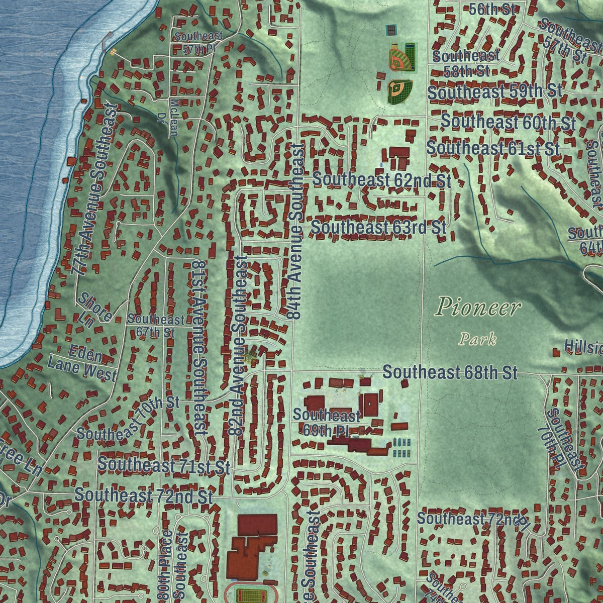 Second close-up of the map of Mercer Island, Washington print showing more streets and buildings
