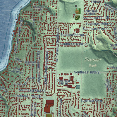 Second close-up of the map of Mercer Island, Washington print showing more streets and buildings