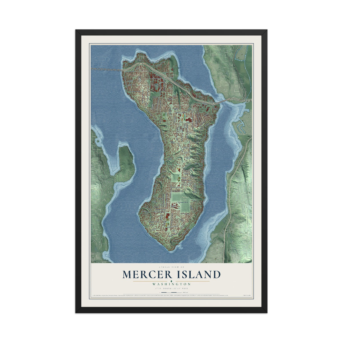 Map of Mercer Island, Washington, 12 x 18 inch print in a black wood frame