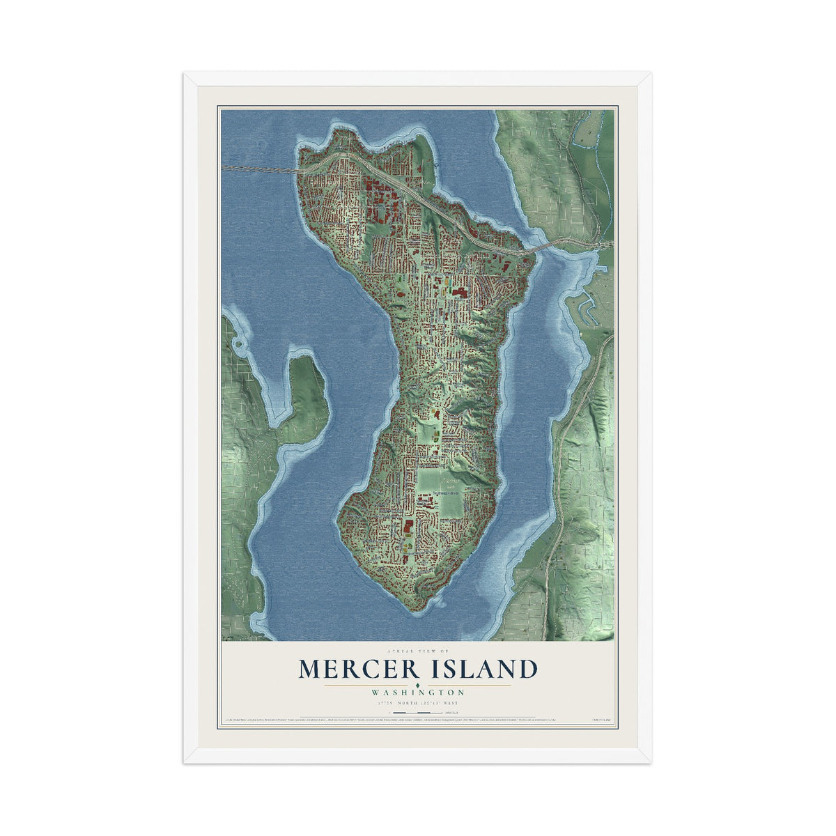 Map of Mercer Island, Washington, 12 x 18 inch print in a white wood frame