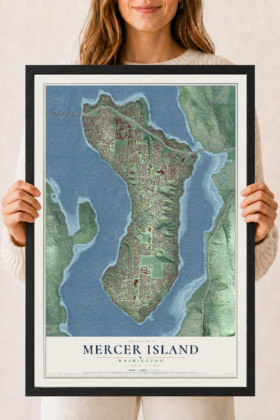 Map of Mercer Island, Washington, 18 x 24 inch print in a black wood frame