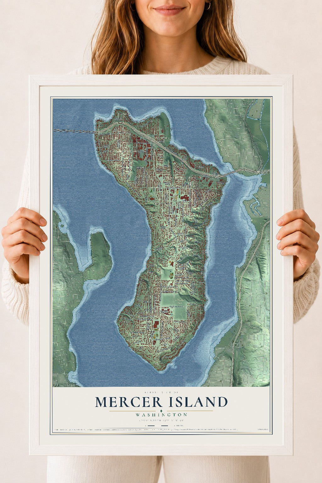 Map of Mercer Island, Washington, 18 x 24 inch print in a white wood frame