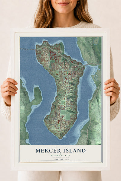 Map of Mercer Island, Washington, 18 x 24 inch print in a white wood frame