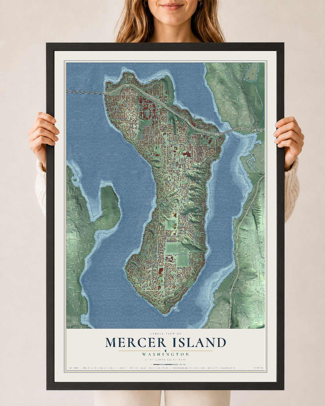 Map of Mercer Island, Washington, 24 x 36 inch print in a black wood frame