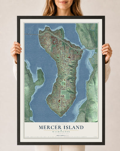 Map of Mercer Island, Washington, 24 x 36 inch print in a black wood frame