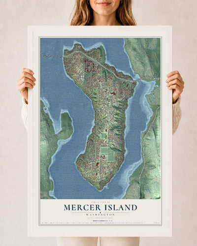 Map of Mercer Island, Washington, 24 x 36 inch print in a white wood frame