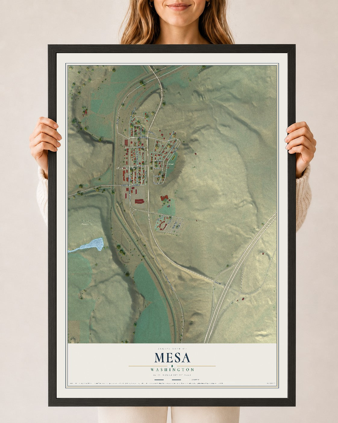 Map of Mesa, Washington, 24 x 36 inch print in a black wood frame