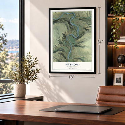 Methow, Washington map, 18 x 24 inch print in a black frame in a home office