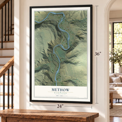 Methow, Washington map, 24 x 36 inch print in a black frame by a staircase