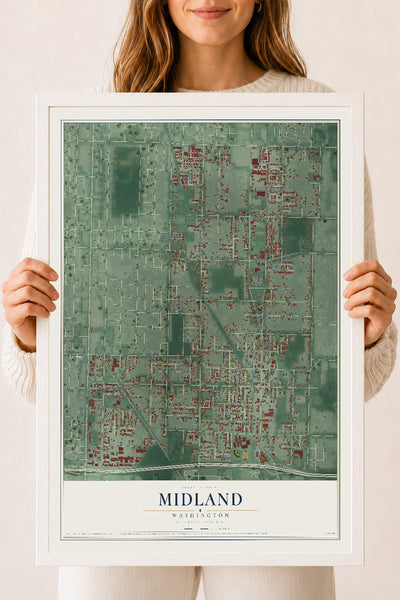 Map of Midland, Washington, 18 x 24 inch print in a white wood frame