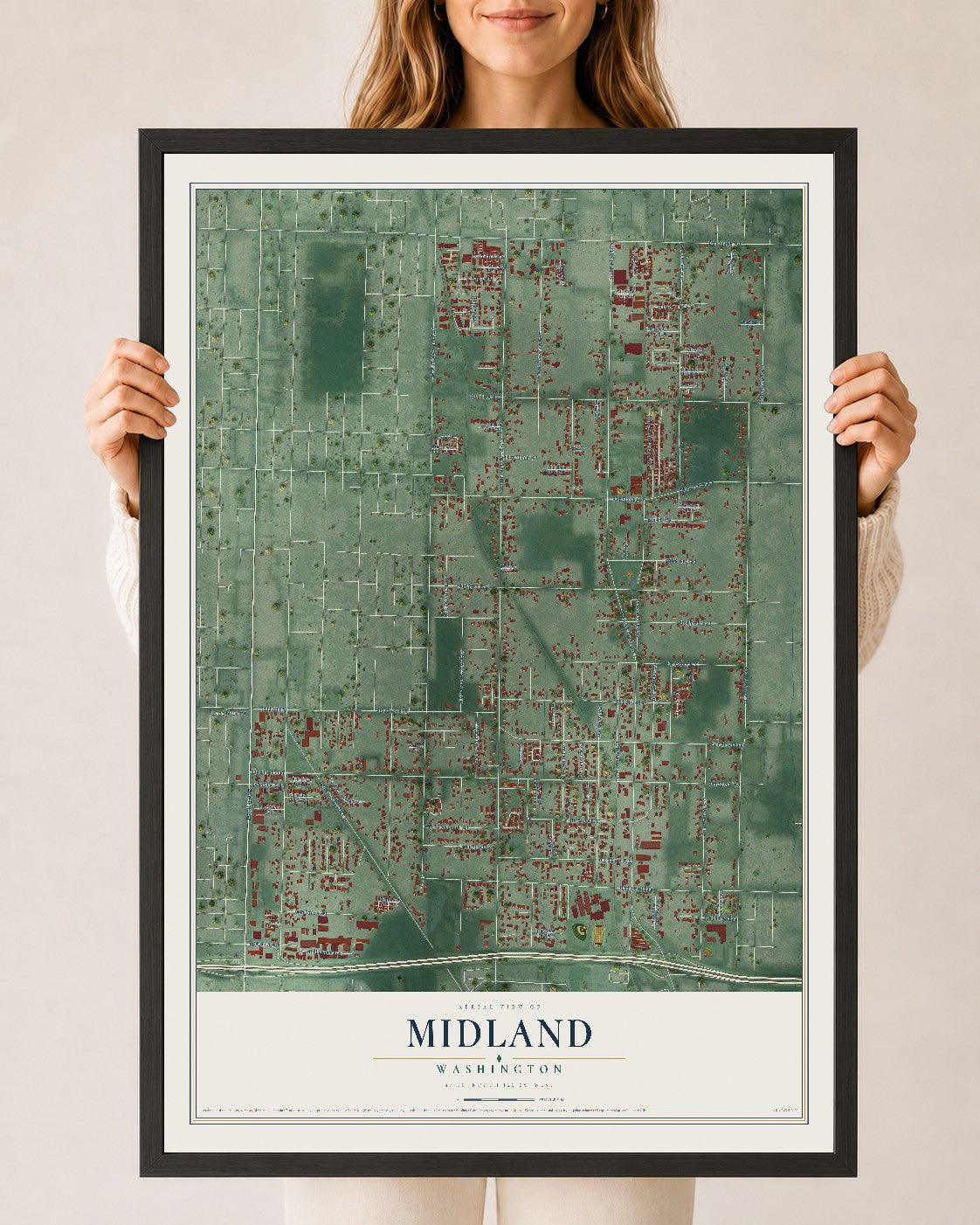 Map of Midland, Washington, 24 x 36 inch print in a black wood frame
