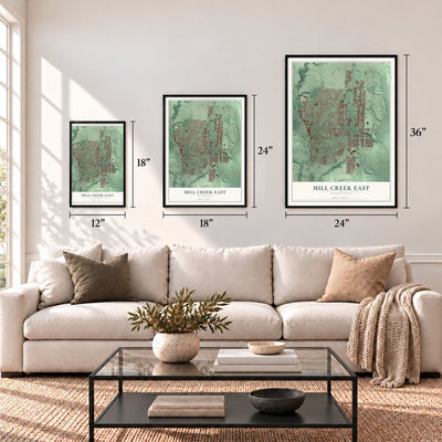 Mill Creek East, Washington map in 12 x 18, 18 x 24 and 24 x 36 inch sizes above a sofa