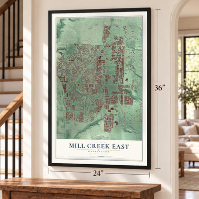 Mill Creek East, Washington map, 24 x 36 inch print in a black frame by a staircase