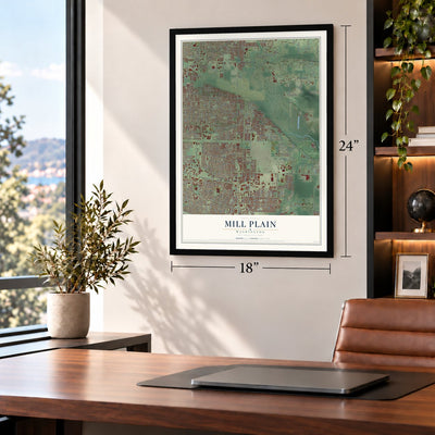 Mill Plain, Washington map, 18 x 24 inch print in a black frame in a home office