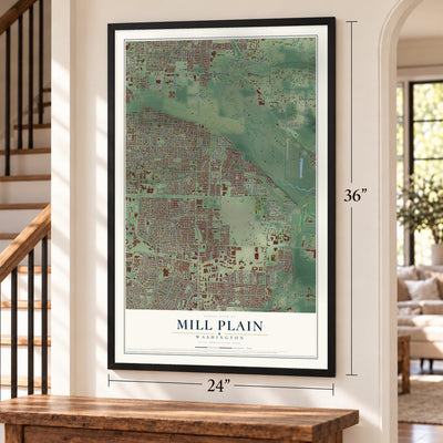Mill Plain, Washington map, 24 x 36 inch print in a black frame by a staircase