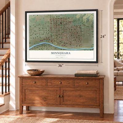 Minnehaha, Spokane, Washington map, 24 x 36 inch print in a black frame above a dresser by a staircase