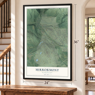 Mirrormont, Washington map, 24 x 36 inch print in a black frame by a staircase
