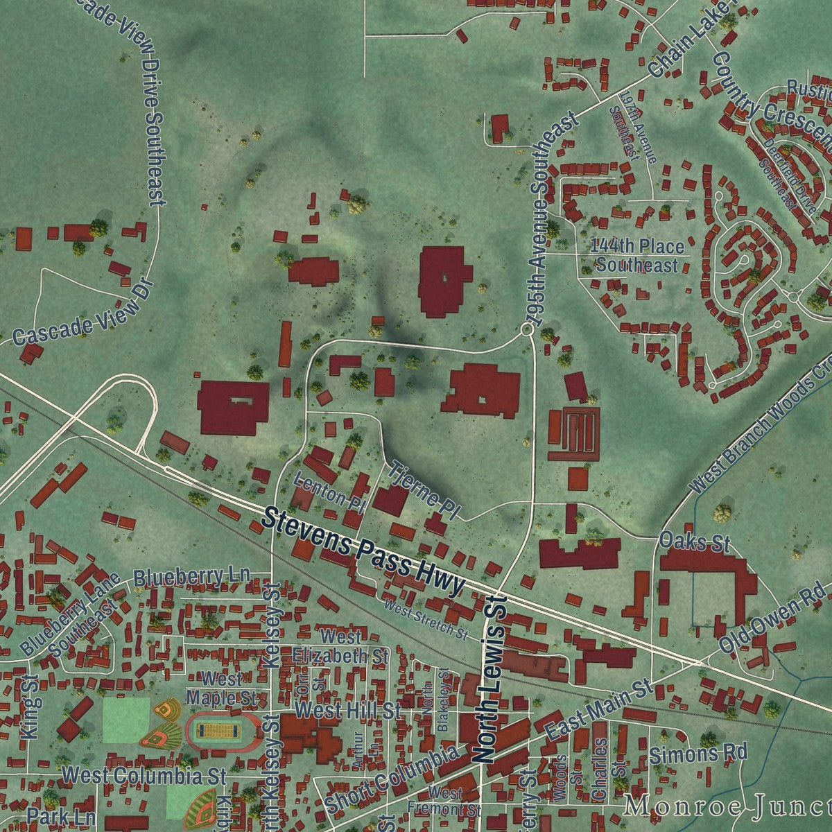 Second close-up of the map of Monroe, Washington print showing more streets and buildings