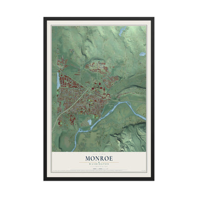 Map of Monroe, Washington, 12 x 18 inch print in a black wood frame