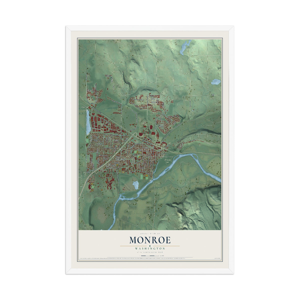 Map of Monroe, Washington, 12 x 18 inch print in a white wood frame