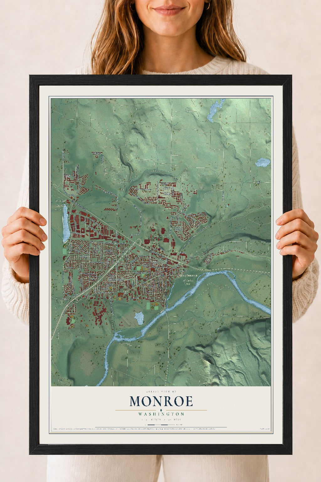 Map of Monroe, Washington, 18 x 24 inch print in a black wood frame