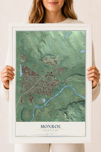 Map of Monroe, Washington, 18 x 24 inch print in a white wood frame