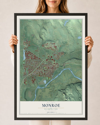 Map of Monroe, Washington, 24 x 36 inch print in a black wood frame