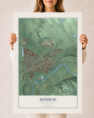 Map of Monroe, Washington, 24 x 36 inch print in a white wood frame