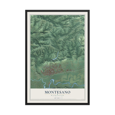Map of Montesano, Washington, 12 x 18 inch print in a black wood frame
