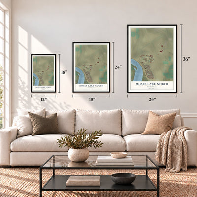 Moses Lake North, Washington map in 12 x 18, 18 x 24 and 24 x 36 inch sizes above a sofa