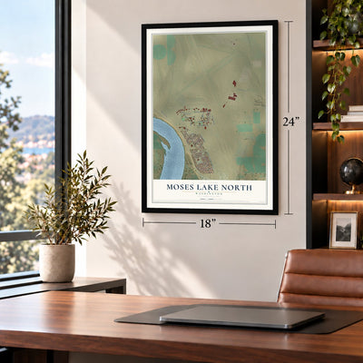 Moses Lake North, Washington map, 18 x 24 inch print in a black frame in a home office