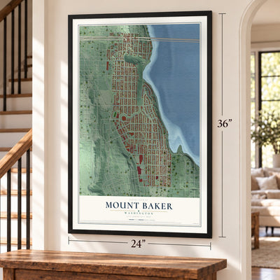 Mount Baker, Washington map, 24 x 36 inch print in a black frame by a staircase