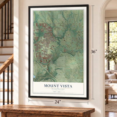 Mount Vista, Washington map, 24 x 36 inch print in a black frame by a staircase