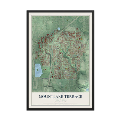 Map of Mountlake Terrace, Washington, 12 x 18 inch print in a black wood frame