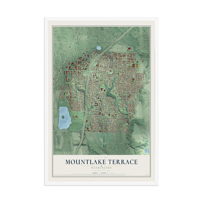 Map of Mountlake Terrace, Washington, 12 x 18 inch print in a white wood frame