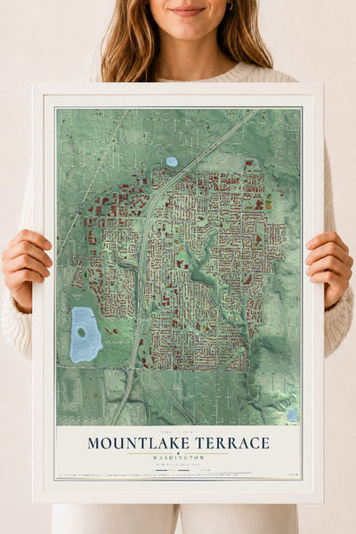 Map of Mountlake Terrace, Washington, 18 x 24 inch print in a white wood frame