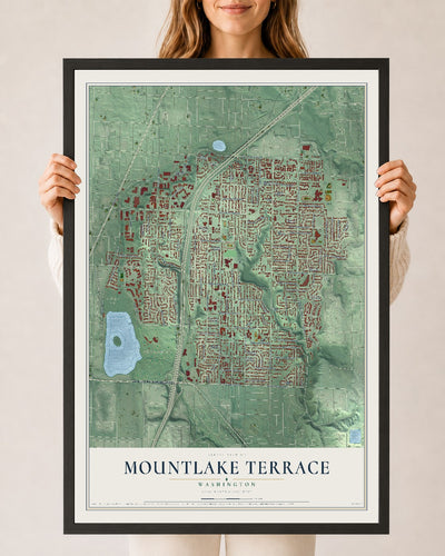 Map of Mountlake Terrace, Washington, 24 x 36 inch print in a black wood frame
