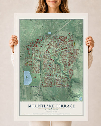 Map of Mountlake Terrace, Washington, 24 x 36 inch print in a white wood frame