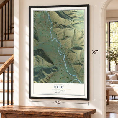 Nile, Washington map, 24 x 36 inch print in a black frame by a staircase