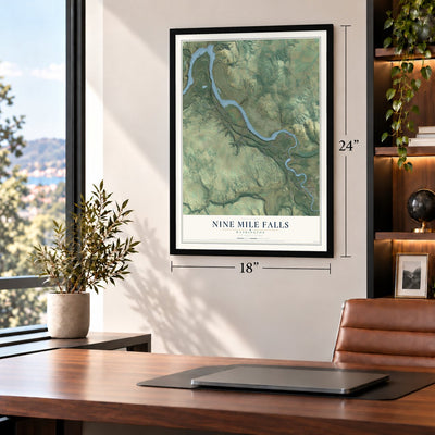 Nine Mile Falls, Washington map, 18 x 24 inch print in a black frame in a home office