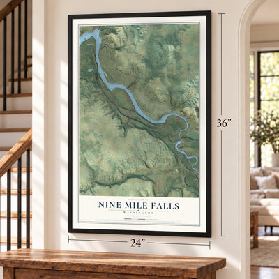 Nine Mile Falls, Washington map, 24 x 36 inch print in a black frame by a staircase