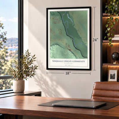 Nisqually Indian Community, Washington map, 18 x 24 inch print in a black frame in a home office