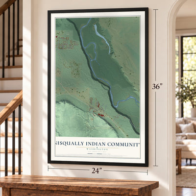 Nisqually Indian Community, Washington map, 24 x 36 inch print in a black frame by a staircase