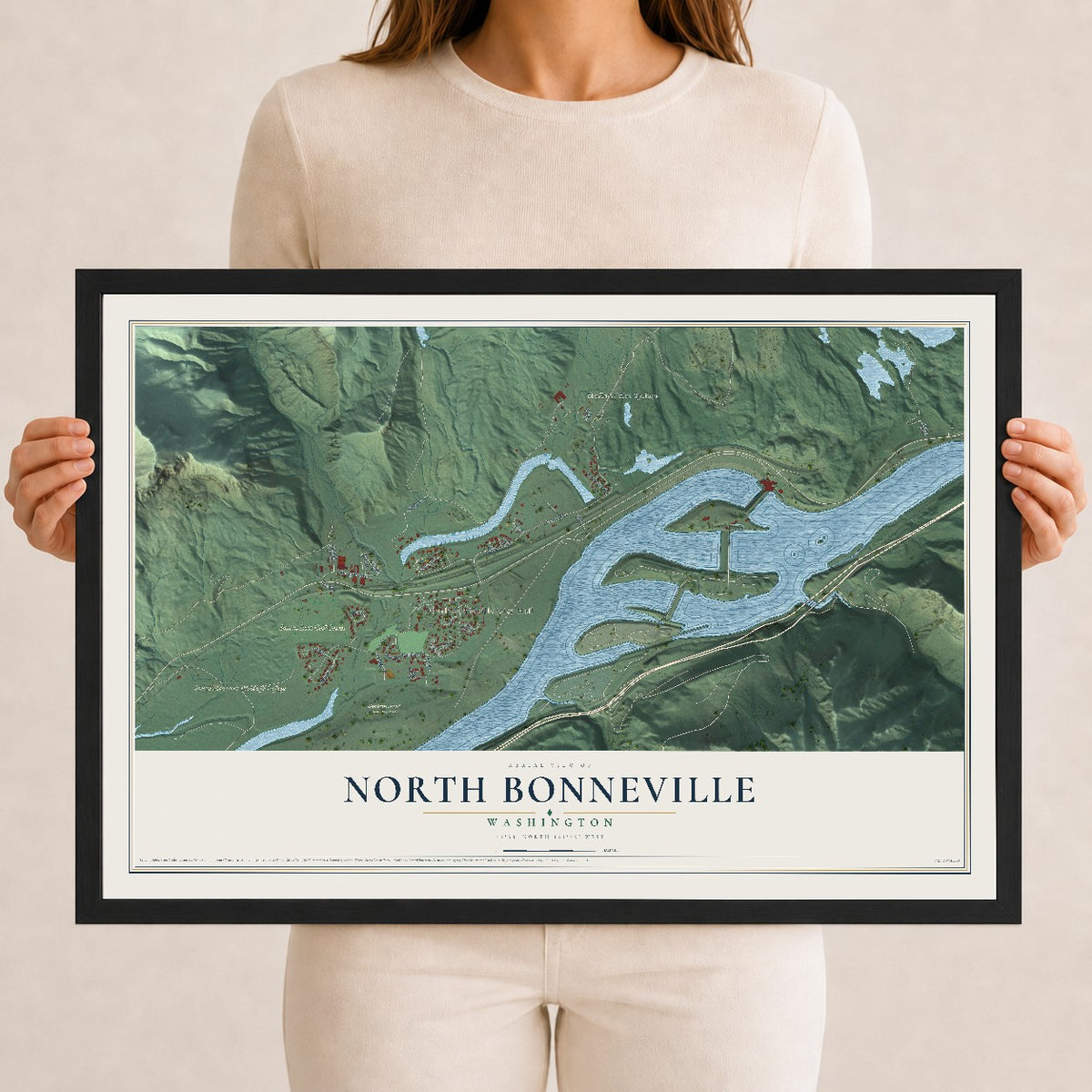 Map of North Bonneville, Washington, 12 x 18 inch print in a black wood frame